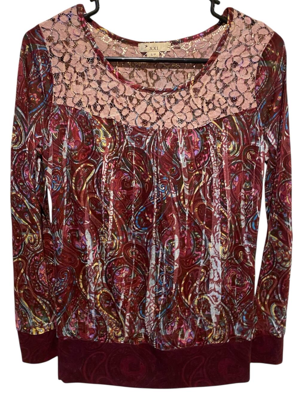 Forever 21 Paisley Long Sleeve Blouse Small Purple Lace Colorful Boho Hippie Art